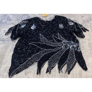 Vintage Vest Black Silver Style N Design Unique Beaded Sz Small Silk